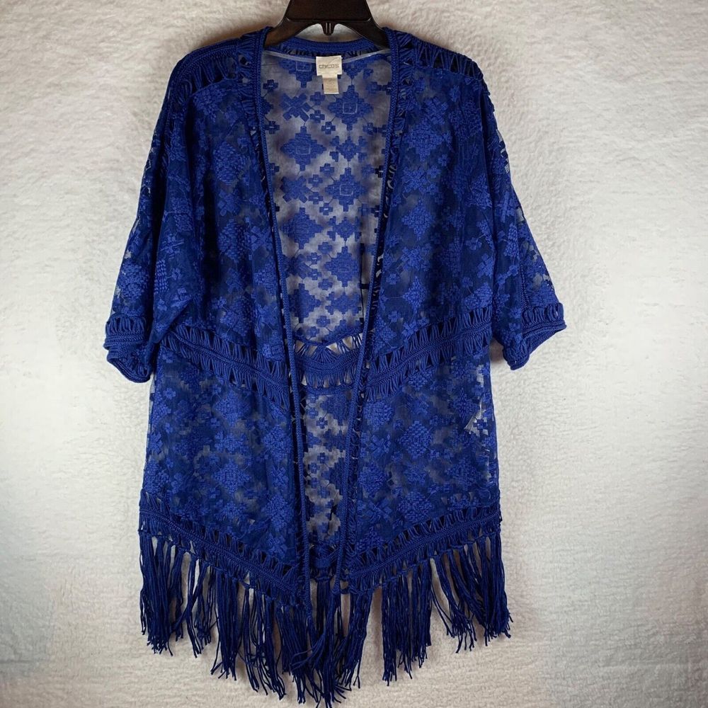 Chico's Women's Blue Crochet Fringe Semi Sheer Open Front Cover Up Cardigan Sz 2